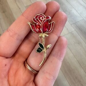 Vintage Jewelry Red Rose Brooch Gold Tone Love Romantic  Flower Pin